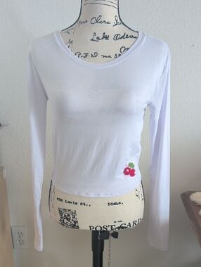 White Long-Sleeve Crop Tee with Cherry Accent